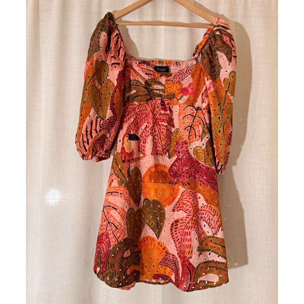Boho Kourt Pink Orange Tropical Animal Eyelet Smocked Mini, Low Cut Bust, Size M